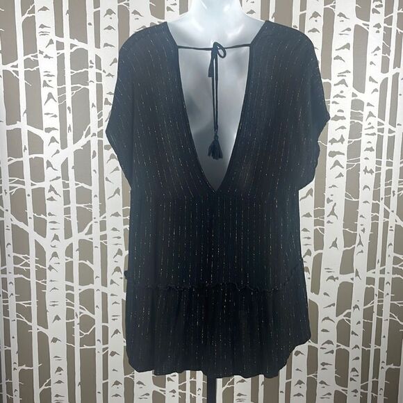 Xhilaration Gauze Tie Back Top XL Black Gold Pinstripe - Picture 4 of 9